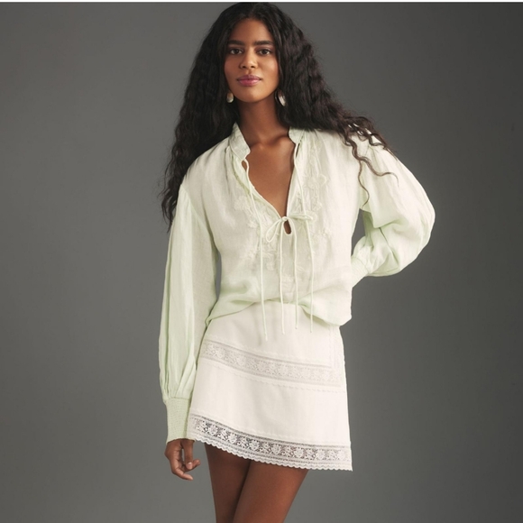 💫Host Pick! NEW!! Anthropologie Linen Long Sleeve Blouse, Mint XS Petite - Picture 2 of 8